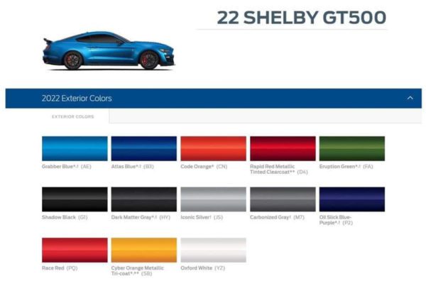 2022 Shelby GT500 exterior color options